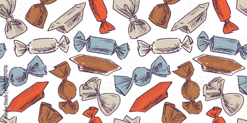 Chocolate candies sketches, seamless pattern, hand drawn vector background, wallpaper, textile, paper