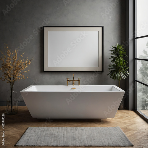 Modern Minimalist Bathroom Bathtub With A Large  Frame On The Wall, Interior Design Wall Art Mockups