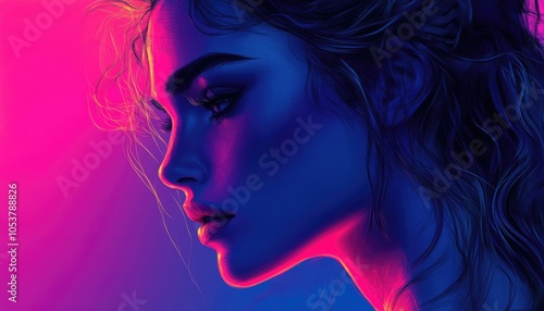 Close-up Profile of a Woman's Face in Neon Lighting