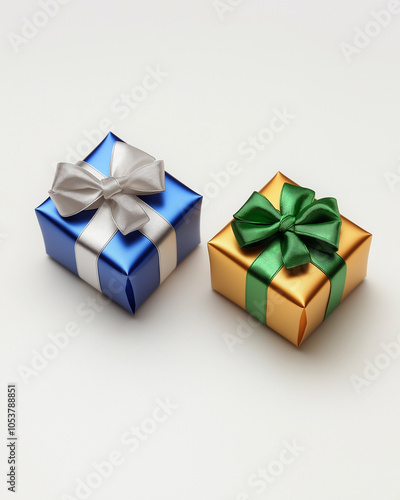 Metallic Contrast: Royal blue and gold boxes with crossed ribbon elegance