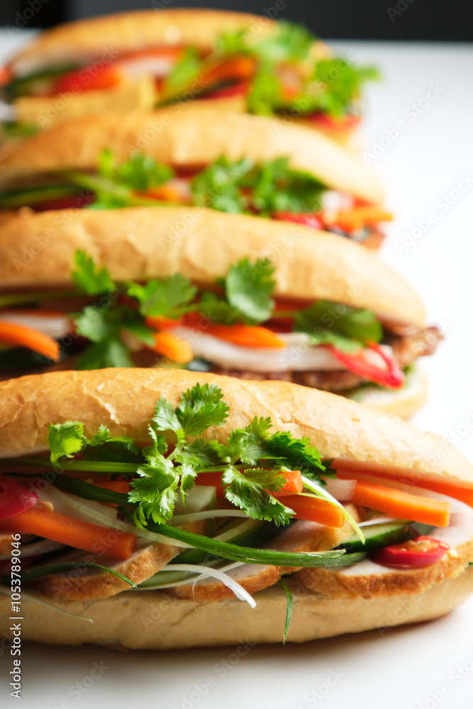 Four banh mi lined up on blank background Four banh mi lined up on blank background