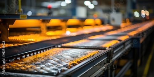 Industrial conveyor belt with metallic objects moving on a track illuminated by warm yellow lights