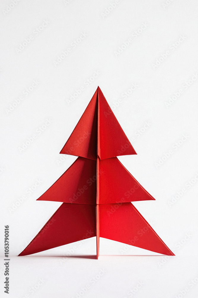 Fototapeta premium A red origami tree is standing on a white background. The tree is made of paper and has a triangular shape. Concept of creativity and the festive spirit of Christmas