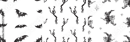 Seamless patterns of Halloween, witch, scary phantoms, bats silhouettes, hand drawn vector backgrounds, wallpaper, paper