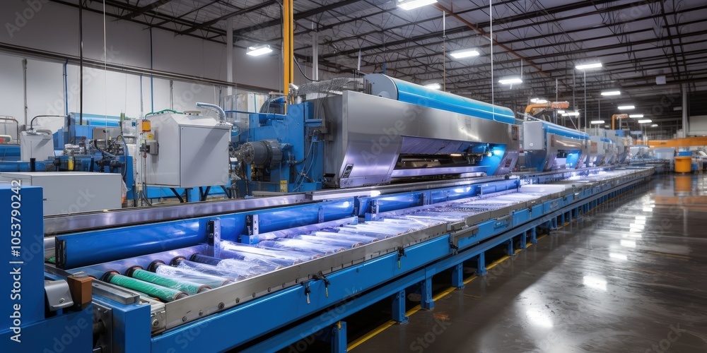 Fototapeta premium Automated industrial production line with blue conveyors and roller systems in a modern manufacturing facility