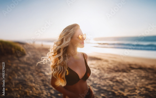 A woman with long blonde hair and sunglasses stands on a sandy beach, looking towards the ocean as the sun sets.