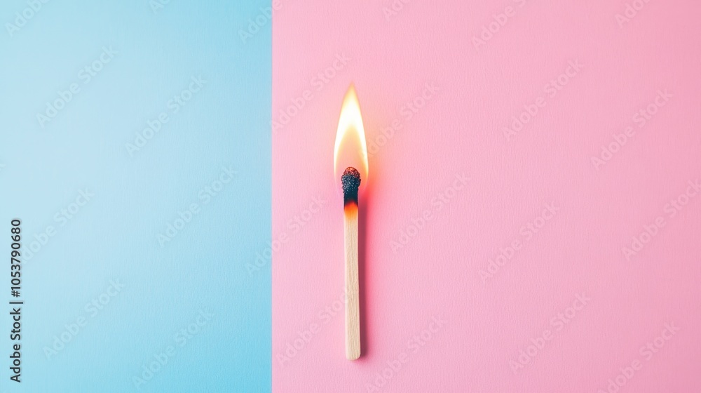 Single lit match on a divided pastel blue and pink backdrop symbolizing ideas emotional burnout and collaboration Single lit match on a divided pastel blue and pink backdrop symbolizing ideas emotional burnout and collaboration