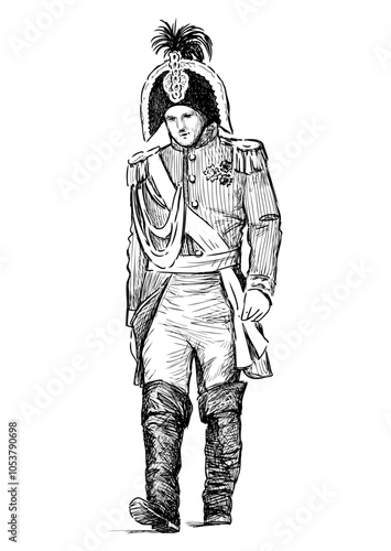 Sketch of man in historical military general costume 18th century, theatrical male costume, realistic hand drawn illustration, vector, isolated on white