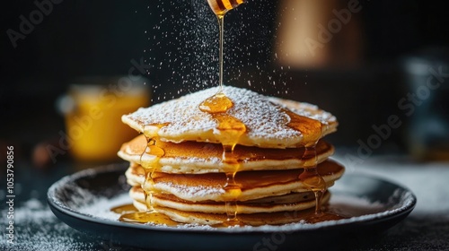 Wallpaper Mural Stack of fluffy pancakes drizzled with honey and dusted with powdered sugar Torontodigital.ca