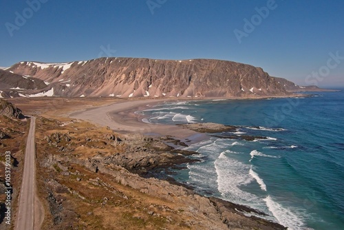 Aeial landscape view of Sandfjorden and road 8100 in sunny summer weather, Varanger Peninsula, Norway. photo