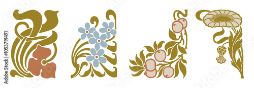 Vintage floral decorative design elements, vector illustration isolated on white