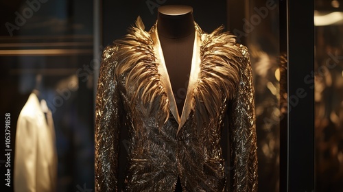 Glamorous suit featuring lustrous golden feathers for a stylish look photo