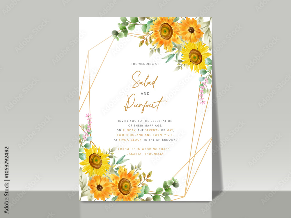 Naklejka premium hand painted of sunflowers wedding invitation card set