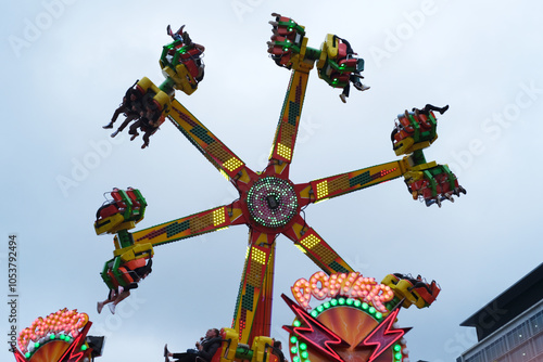 Spinning ride in motion at the carnival
