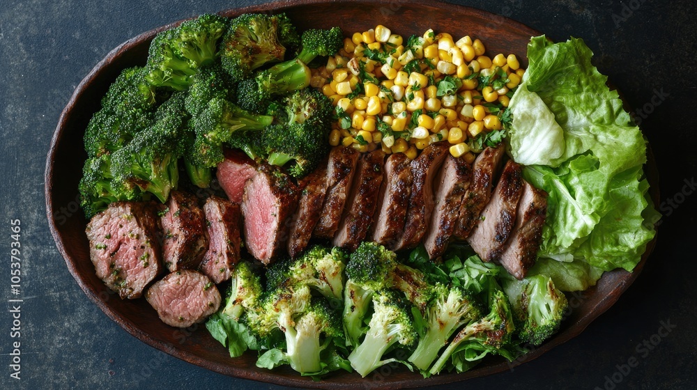 A platter featuring broccoli lettuce corn and meat A platter featuring broccoli lettuce corn and meat
