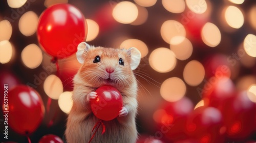 Hamster celebrating New Year s Eve with red balloons photo