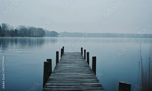 Wallpaper Mural A serene wooden pier extends into a misty lake, surrounded by calm waters and distant trees. Torontodigital.ca