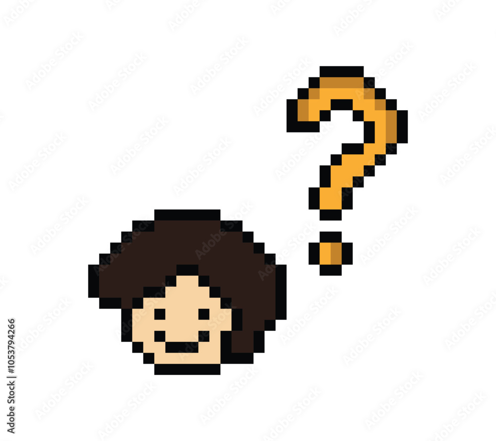 Fototapeta premium Cute pixel cartoon character man with question mark decoration 8 bit male boy confused idea question think choose cartoon pixel game png vector.