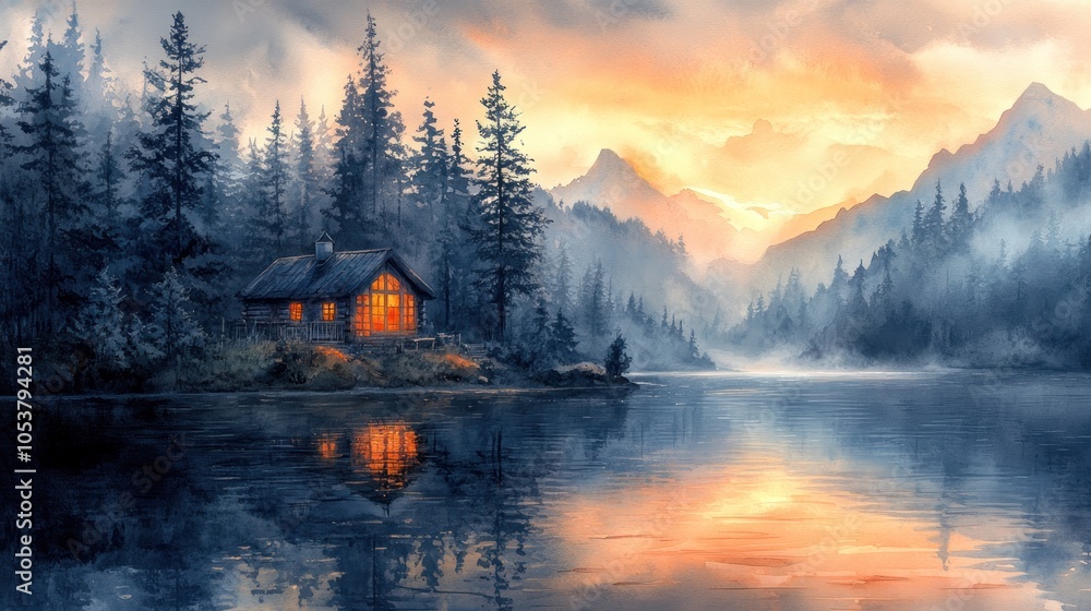 Fototapeta premium Cabin by the Lake at Sunset