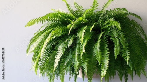 A vibrant cascading giant sword fern Nephrolepis spp with lush foliage is showcased against a white backdrop in a shaded garden setting photo