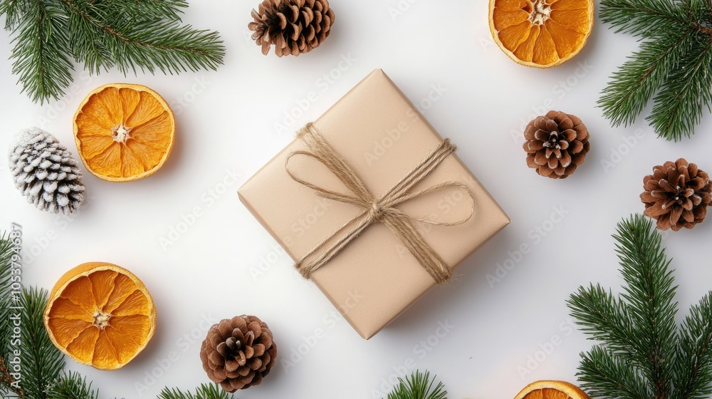 Christmas decorations featuring a gift box pine cones and dried oranges on a white background Top view and flat lay composition Christmas decorations featuring a gift box pine cones and dried oranges on a white background Top view and flat lay composition