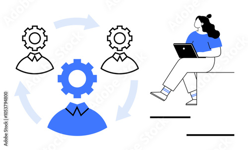 Female professional on laptop observing a flowchart of gears and people icons connected by arrows. Ideal for teamwork, project management, workflow, remote work, HR processes, business strategy