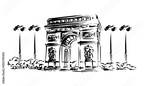 The Arc de Triomphe de l'Étoile, Paris, France. Freehand drawing. Quick travel sketch of The Arc de Triomphe in black color isolated on white background