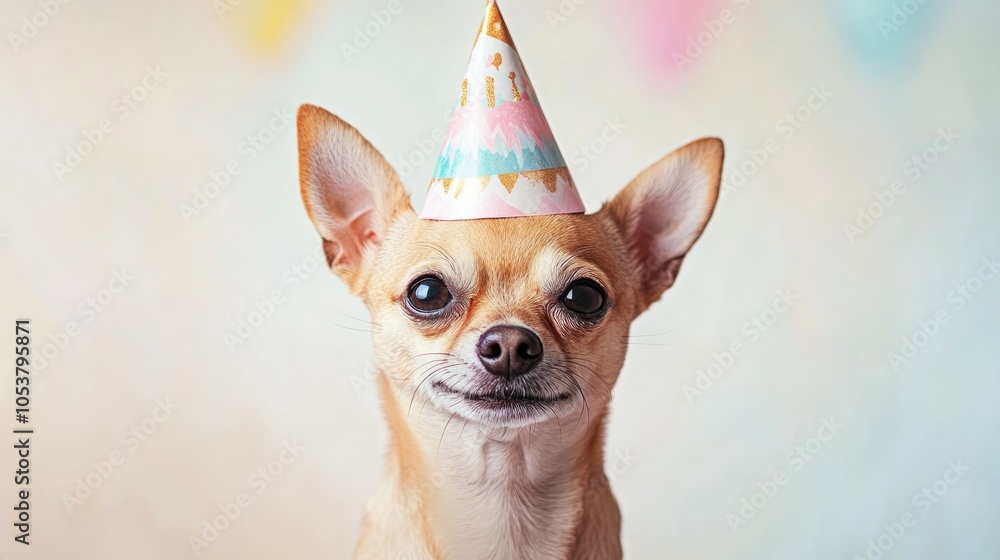 Chihuahua wearing a birthday party hat against a soft pastel backdrop Chihuahua wearing a birthday party hat against a soft pastel backdrop