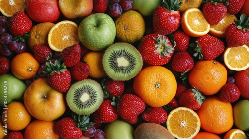 A colorful assortment of fresh fruits featuring apples oranges strawberries kiwis and pineapples