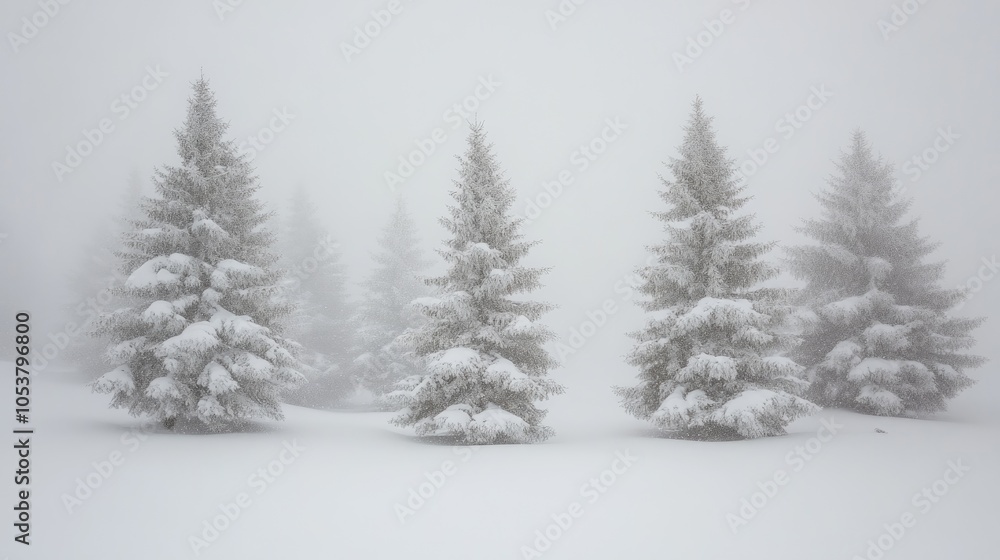 Fototapeta premium Snow draped fir trees in a serene winter landscape