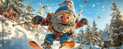 A cheerful gnome in a red and blue outfit skis down a snowy slope.