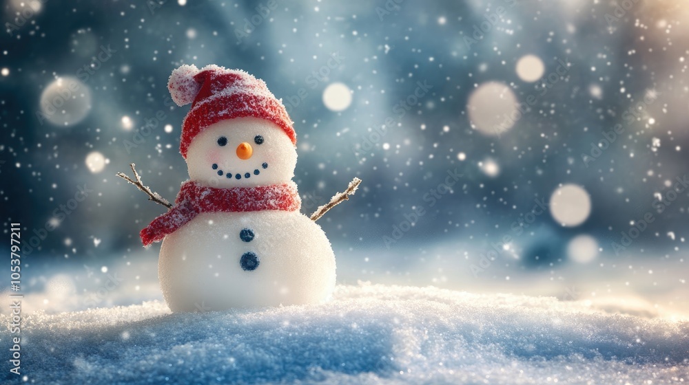 Cheerful snowman set against a winter backdrop Cheerful snowman set against a winter backdrop