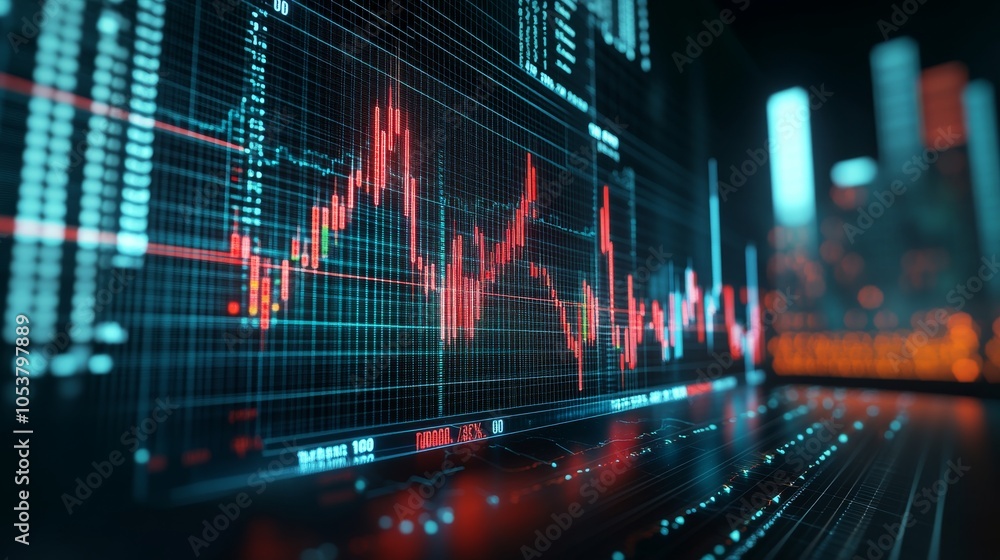 A computer screen shows a graph of stock prices with red and blue lines