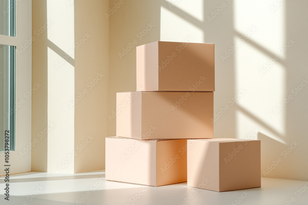Obraz premium Stacked cardboard boxes for packaging, white background, no shadows, no reflections, no lighting effects, product photography,