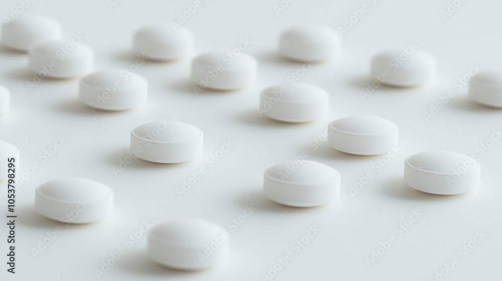 Isolated paracetamol tablets displayed on a clean white surface Isolated paracetamol tablets displayed on a clean white surface