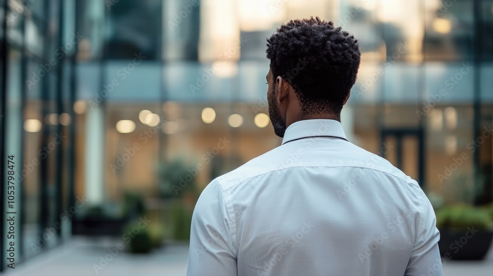 Fototapeta premium Rear view of a young African American professional in a contemporary setting gazing thoughtfully into the distance