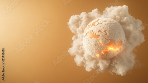 A globe under an intense heatwave, surface showing signs of extreme dryness and scorching, with fiery orange skies and melting polar ice caps, photorealistic