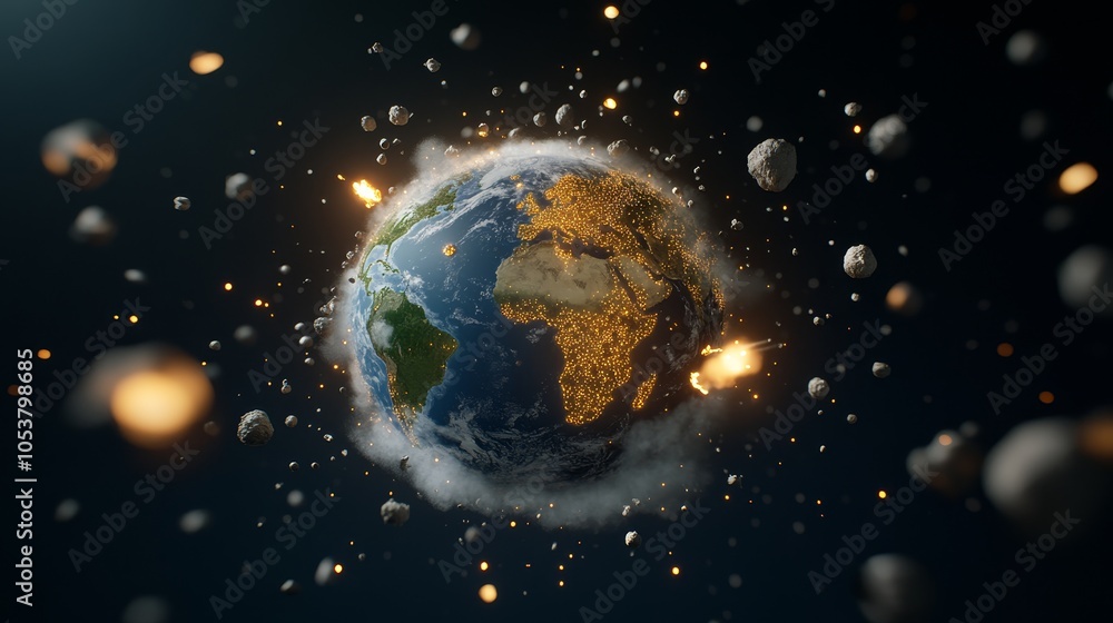Obraz premium A globe representing Earth surrounded by falling meteors, fiery impact points visible on the surface, with ash clouds and craters forming, photorealistic