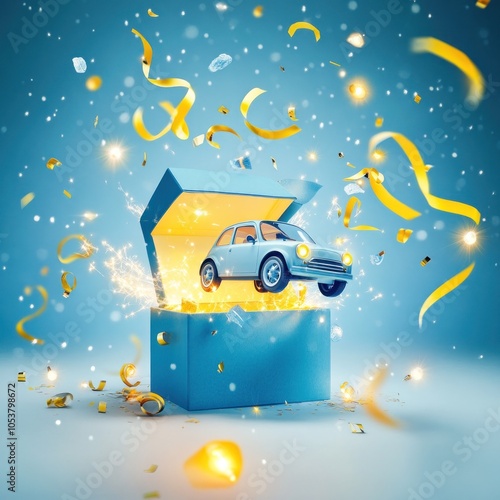 Retro car emerges from gift box with dynamic ribbons photo