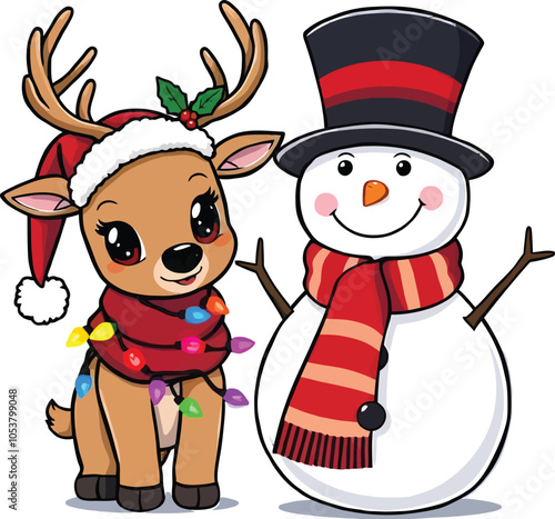 Cute Reindeer And Snowman Flat Character Vector Illustration On Isolated White Background