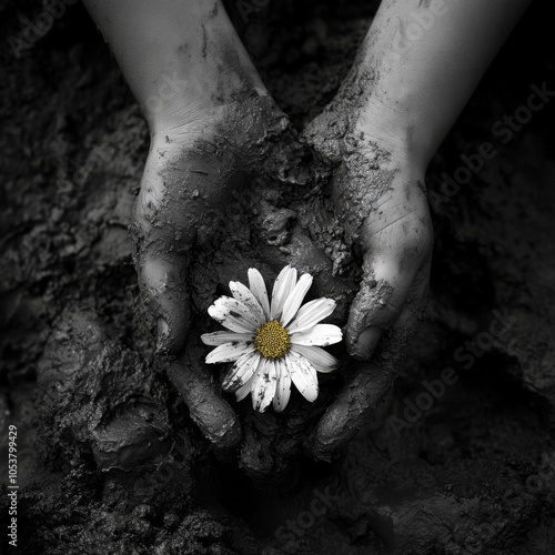 black and white simple picture of hand holding mud with leavy flower like usual environmental symbol photo