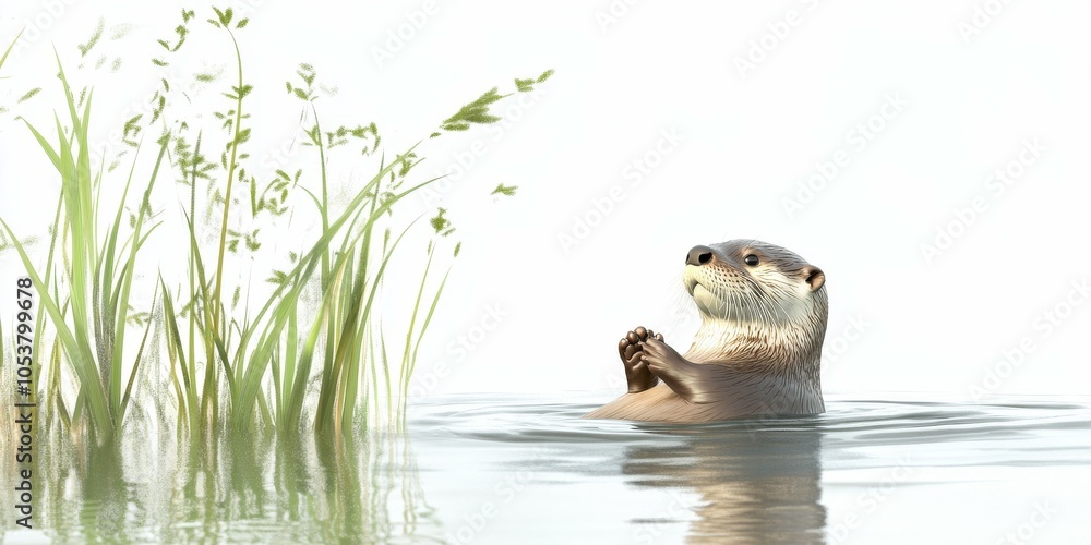 Fototapeta premium Calm Riverside Scene with Reeds and a Playful Otter Floating