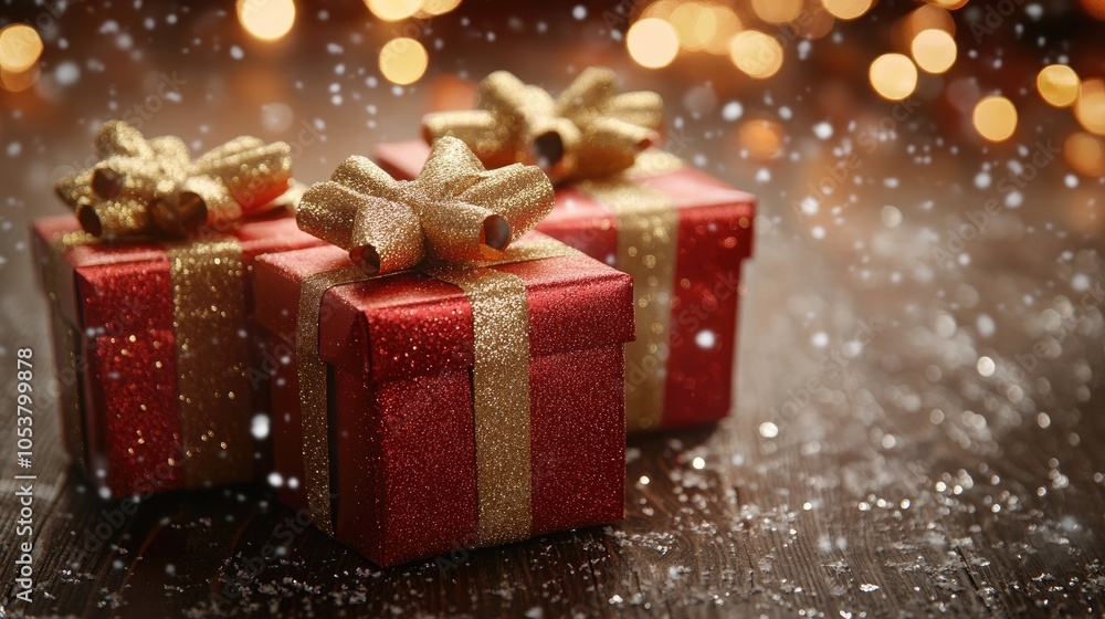 Elegant red and gold holiday gifts artfully displayed on a wooden table complemented by sparkling lights in the backdrop Elegant red and gold holiday gifts artfully displayed on a wooden table complemented by sparkling lights in the backdrop