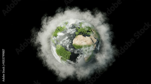 Earth covered in a blanket of pollution, with toxic smog and dark haze obscuring most of the surface, photorealistic photo