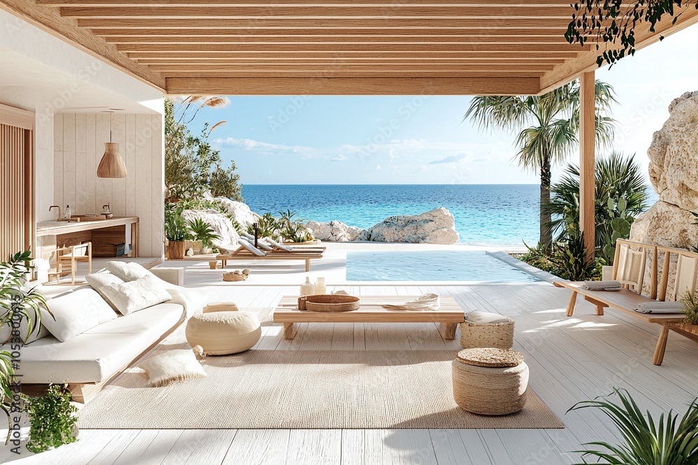 Obraz premium Relaxing Tropical Patio with Ocean View.