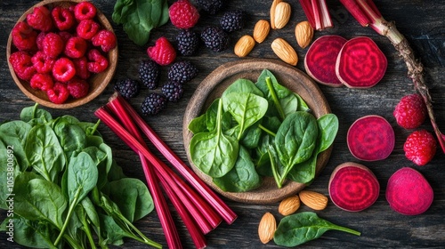 Wide angle view of a rustic wooden table featuring raw spinach beet greens beetroot slices rhubarb stalks almonds and assorted berries for oxalate awareness
