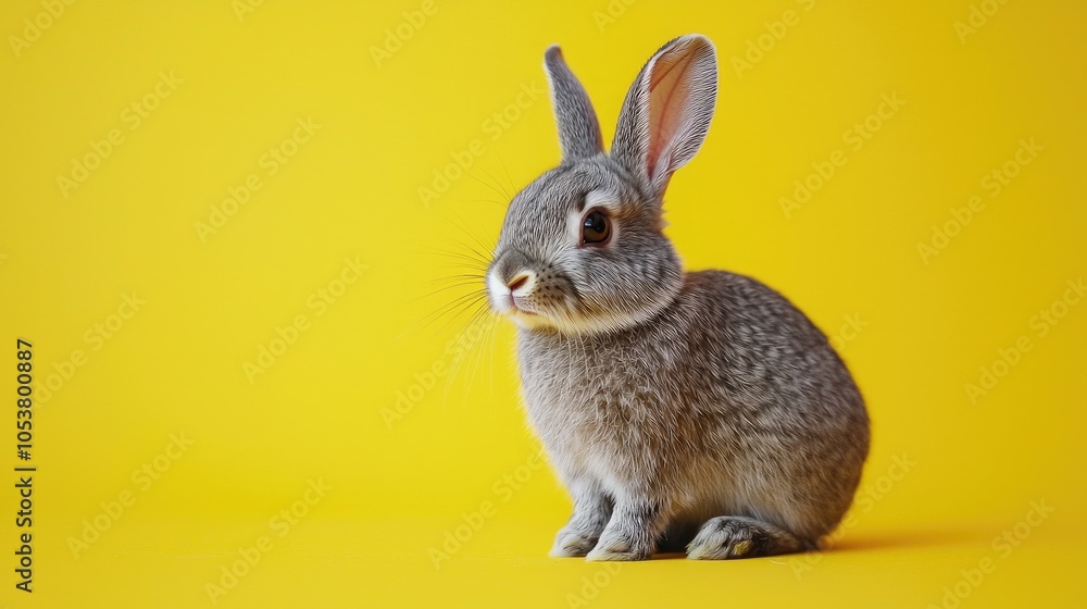 Fototapeta premium Small Gray Rabbit On A Yellow Background