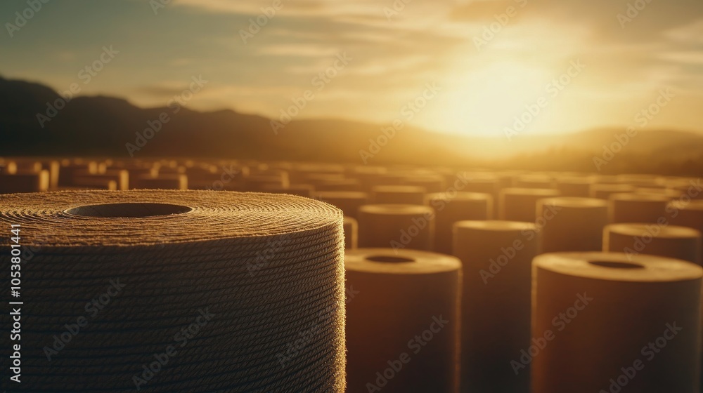Obraz premium Softly lit rolls of toilet paper arranged artistically on a white background create a calming and visually appealing composition