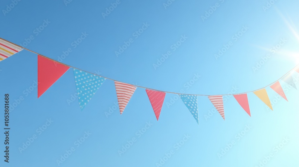 Fototapeta premium Festive bunting displaying a flag against a clear blue sky 3D Render
