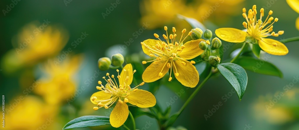 Obraz premium Hypericum Perforatum Medical Plant With Yellow Flowers